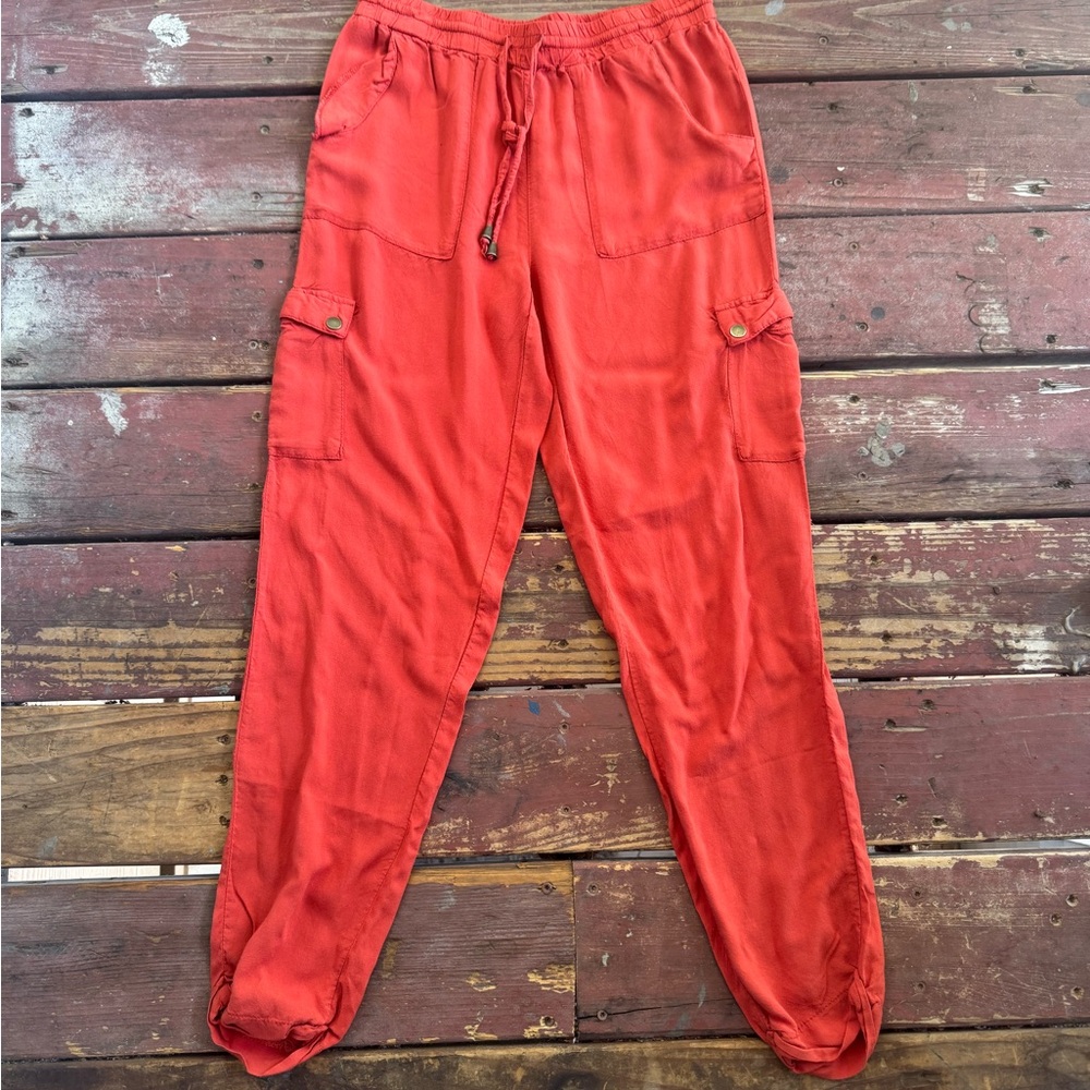 New Look Red Orange Rayon Cropped Pants Joggers